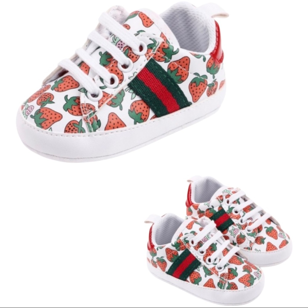 Strawberries & Stripes | Soft Bottom Baby Sneakers | Size 3 | 0-6 Months